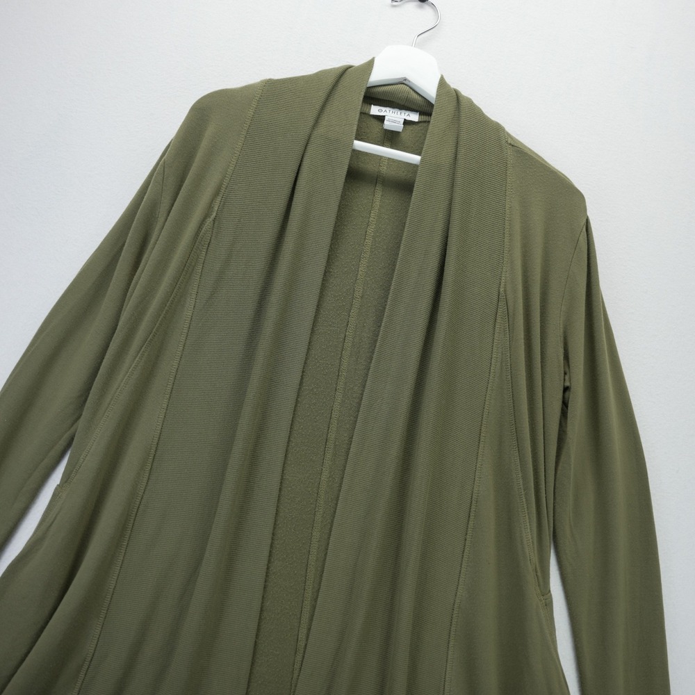 Athleta Pranayama Wrap Cardigan Olive Green Open Front Thumbhole XS 982377-05